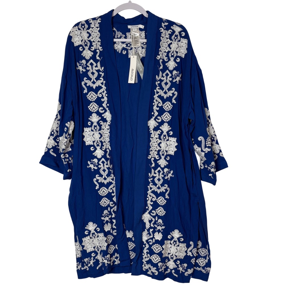 Chicos Boho Embroidered Kimono Duster Cardigan Jacket Blue White Rayon S/M NWT